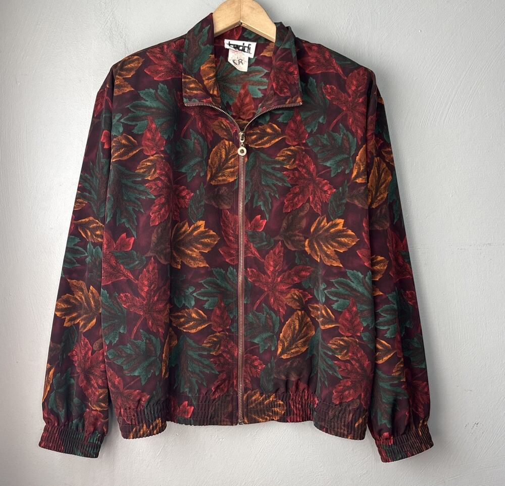 Vintage Autumn Leaf Print Windbreaker Size 14 Petite Bomber Jacket Earthy Fall
